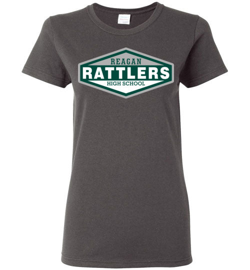 Show your love for Reagan Rattlers High School with our chic and cozy women's t-shirt. Made from a cotton polyester blend, this classic tee features a bold design that's perfect for cheering on your team. Order now and display your school spirit!" #ReaganRattlers #SchoolSpirit #WomensTShirt