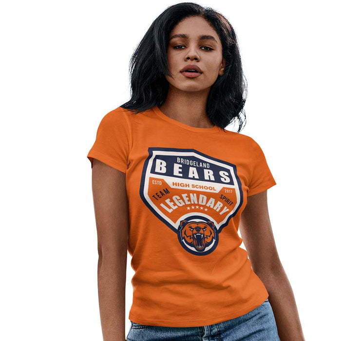 Woman wearing a Bridgeland High School Bears Women's Orange T-shirt 14