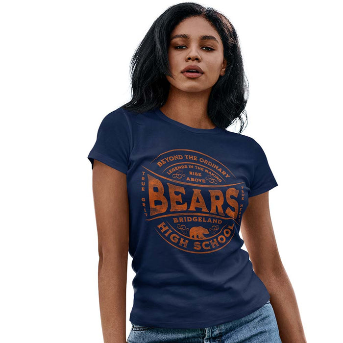 Woman wearing a Bridgeland High School Bears Women's Navy T-shirt 10