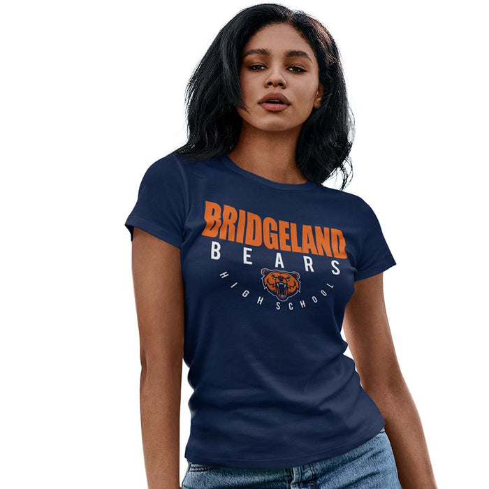 Woman wearing a Bridgeland High School Bears Women's Navy T-shirt 12