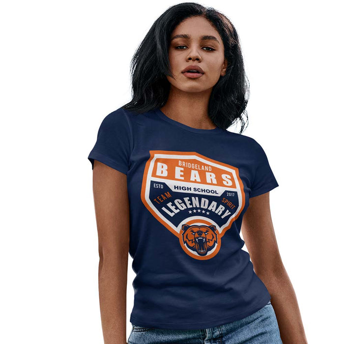 Woman wearing a Bridgeland High School Bears Women's Navy T-shirt 14