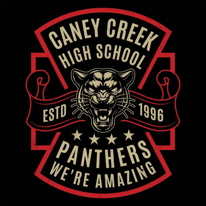 Close-up view of Caney Creek High School Panthers Women's Black T-shirt 207