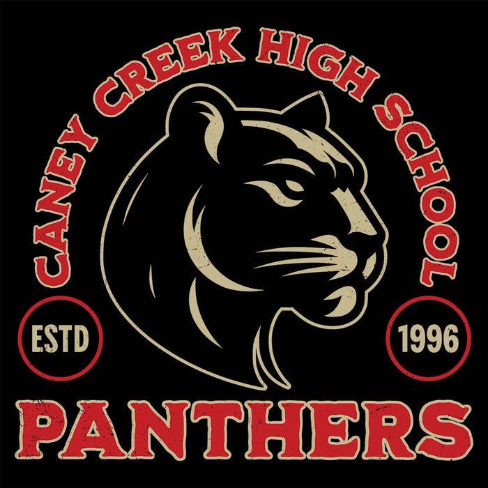 Close-up view of Caney Creek High School Panthers Women's Black T-shirt 208