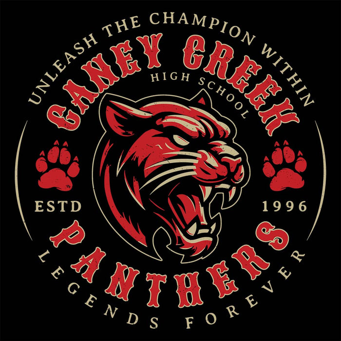 Close-up view of Caney Creek High School Panthers Women's Black T-shirt 210