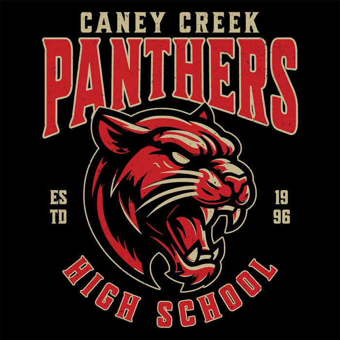 Close-up view of Caney Creek High School Panthers Women's Black T-shirt 211