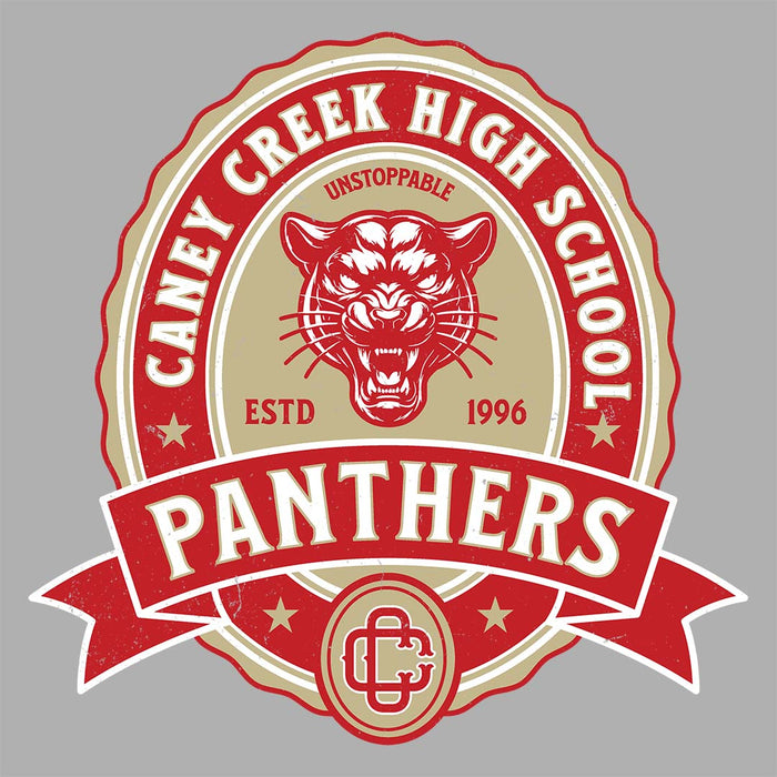 Close-up view of Caney Creek High School Panthers Unisex 3/4 sleeve Raglan T-shirt 212