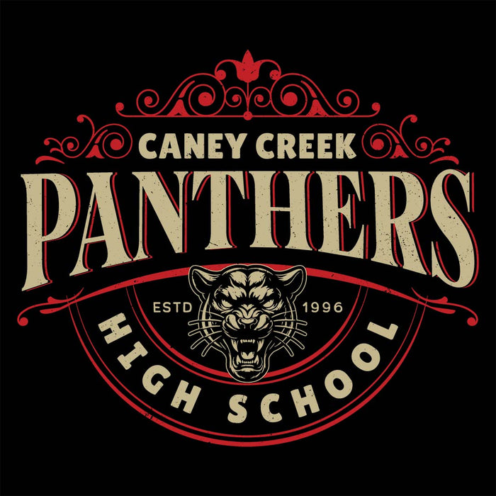 Close-up view of Caney Creek High School Panthers Women's Black T-shirt 213