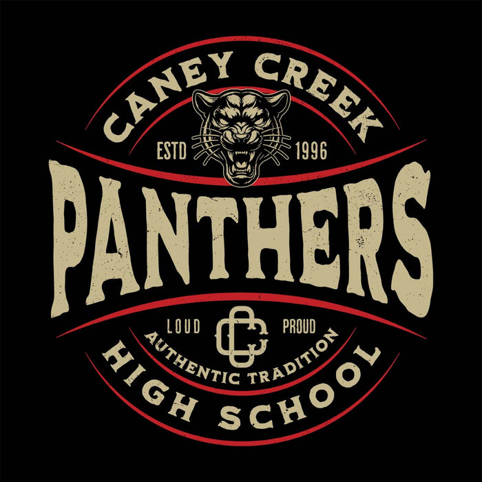 Close-up view of Caney Creek High School Panthers Women's Black T-shirt 218