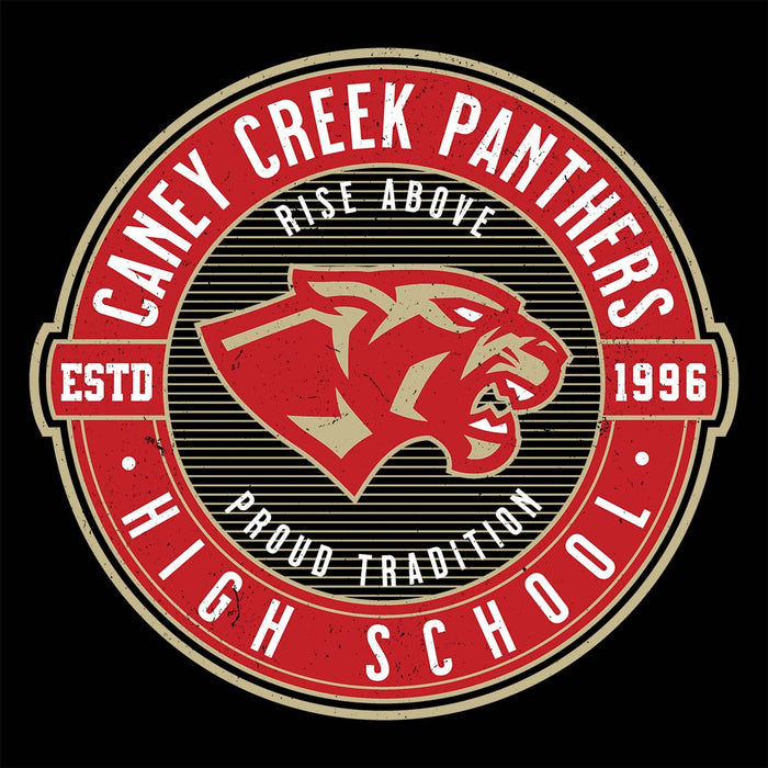 Close-up view of Caney Creek High School Panthers Women's Black T-shirt 224