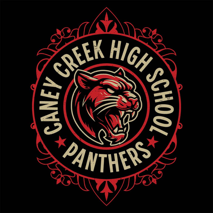 Close-up view of Caney Creek High School Panthers Women's Black T-shirt 228