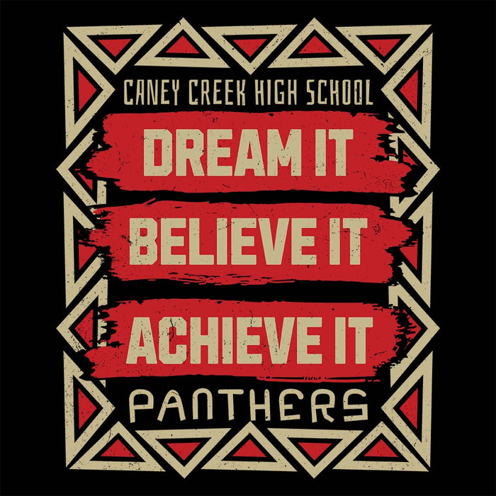 Close-up view of Caney Creek High School Panthers Women's Black T-shirt 229