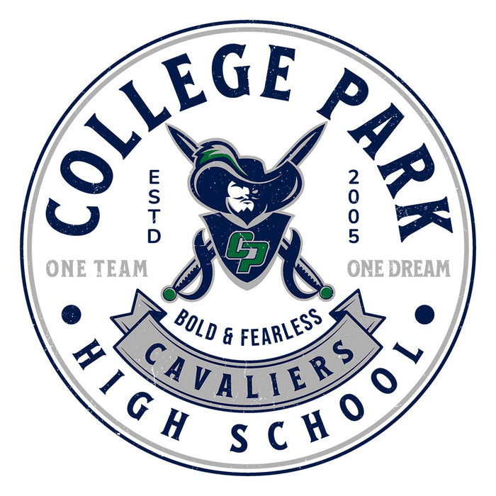 Close-up view of College Park High School Cavaliers Unisex 3/4 sleeve Raglan T-shirt 215