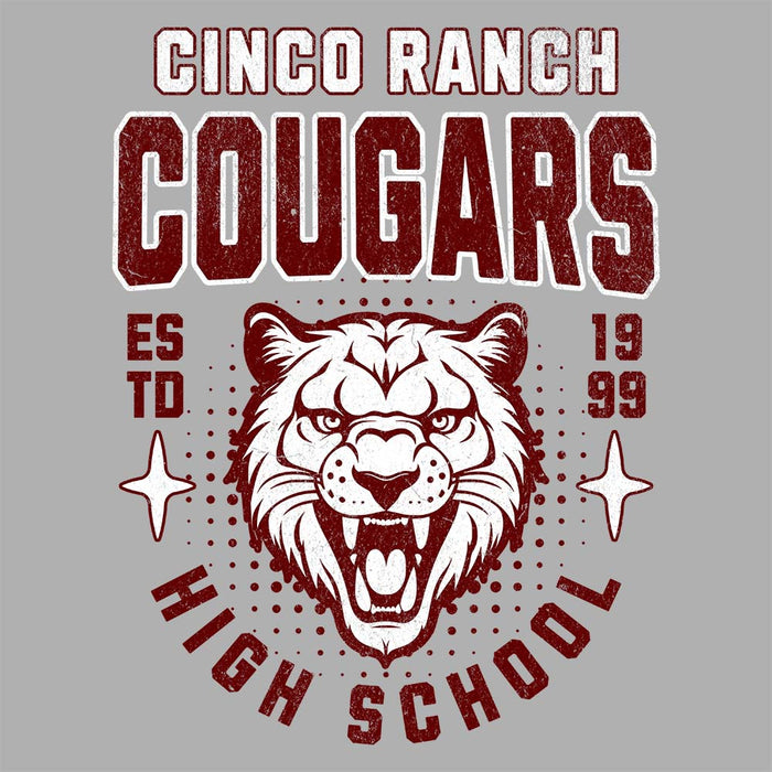 Close-up of Cinco Ranch High School Cougars Unisex 3/4 sleeve Raglan T-shirt 201