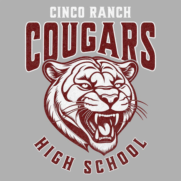 Close-up of Cinco Ranch High School Cougars Unisex 3/4 sleeve Raglan T-shirt 214