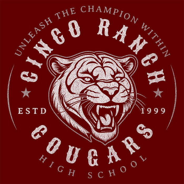 Close-up of Cinco Ranch High School Cougars Premium Maroon Unisex T-shirt 217