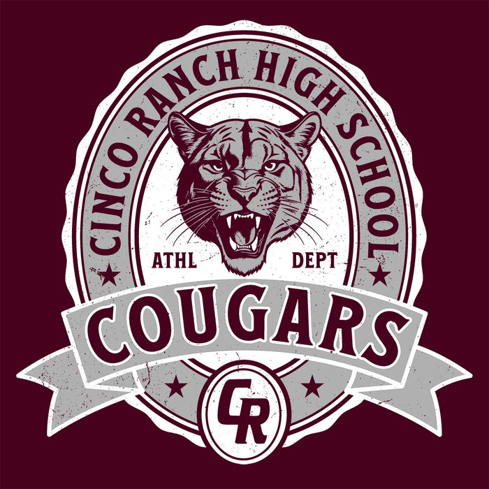 Close-up view of Cinco Ranch High School Cougars Classic Unisex Maroon T-shirt 212