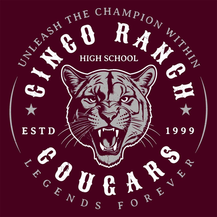 Close-up view of Cinco Ranch High School Cougars Classic Unisex Maroon T-shirt 214