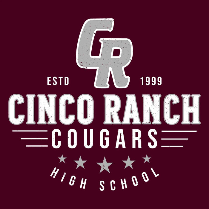 Close-up view of Cinco Ranch High School Cougars Classic Unisex Maroon T-shirt 217