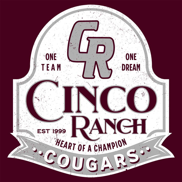 Close-up view of Cinco Ranch High School Cougars Classic Unisex Maroon T-shirt 219