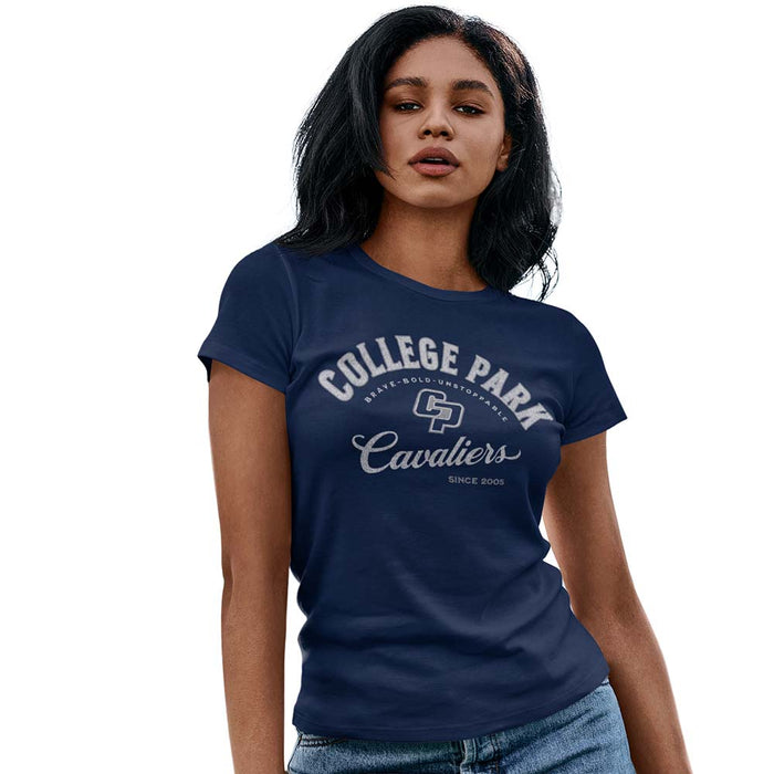 Woman wearing a College Park High School Cavaliers Women's Navy T-shirt 201