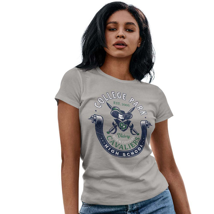 Woman wearing a College Park High School Cavaliers Women's Sport Grey T-shirt 203