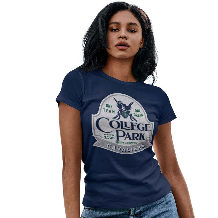 Woman wearing a College Park High School Cavaliers Women's Navy T-shirt 208