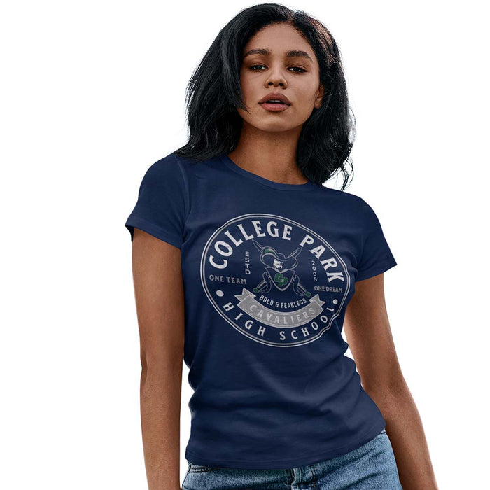 Woman wearing a College Park High School Cavaliers Women's Navy T-shirt 212