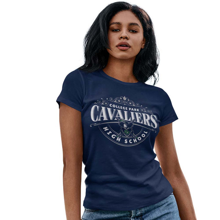 Woman wearing a College Park High School Cavaliers Women's Navy T-shirt 214