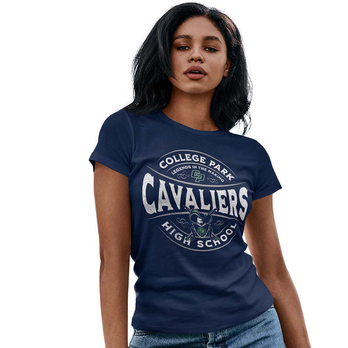 Woman wearing a College Park High School Cavaliers Women's Navy T-shirt 220