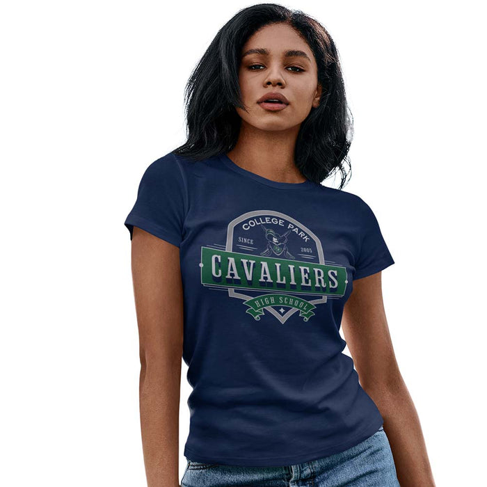 Woman wearing a College Park High School Cavaliers Women's Navy T-shirt 223