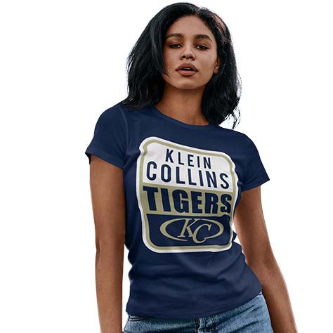 Woman wearing a Klein Collins High School Tigers Navy Women's T-shirts 01