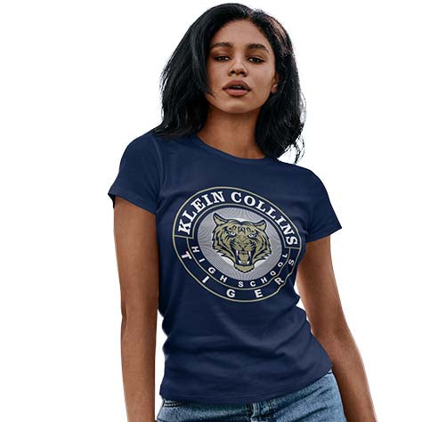 Woman wearing a Klein Collins High School Tigers Navy Women's T-shirts 02