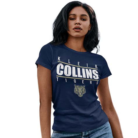 Woman wearing a Klein Collins High School Tigers Navy Women's T-shirts 07