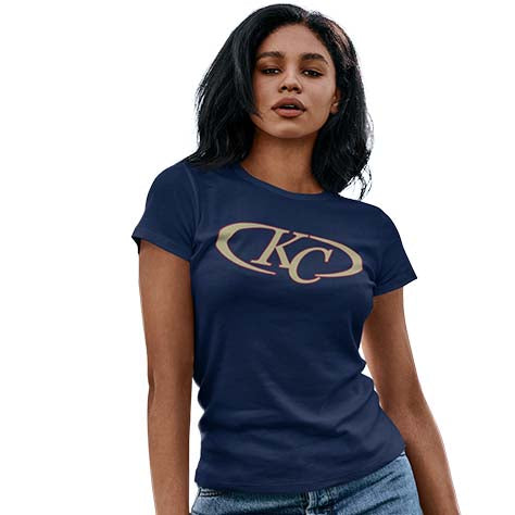 Woman wearing a Klein Collins High School Tigers Navy Women's T-shirts 08