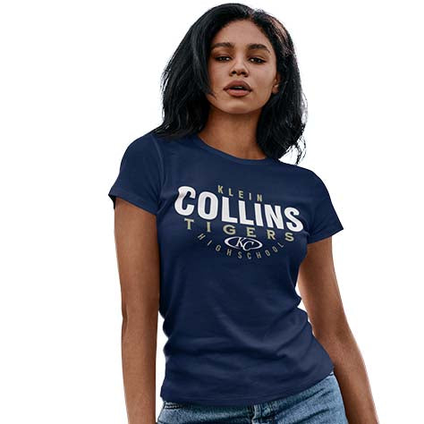 Woman wearing a Klein Collins High School Tigers Navy Women's T-shirts 12