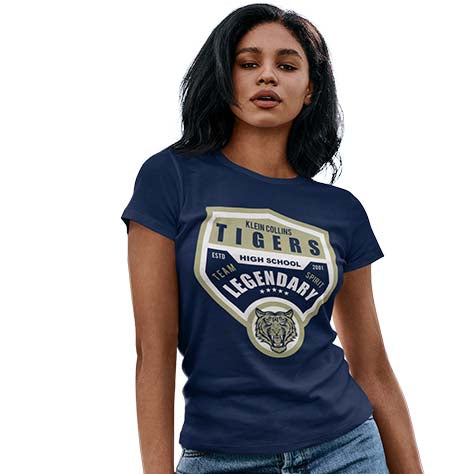 Woman wearing a Klein Collins High School Tigers Navy Women's T-shirts 14