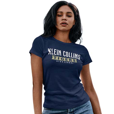 Woman wearing a Klein Collins High School Tigers Navy Women's T-shirts 21