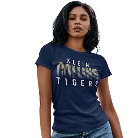 Woman wearing a Klein Collins High School Tigers Navy Women's T-shirts 24