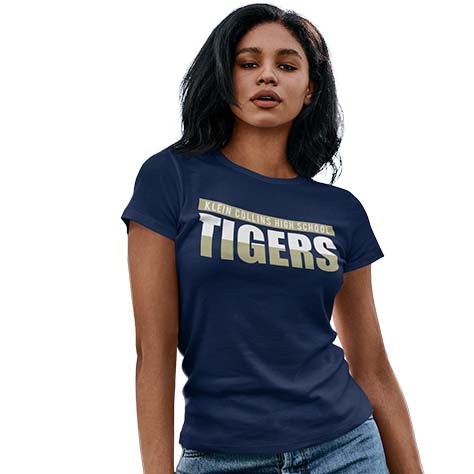 Woman wearing a Klein Collins High School Tigers Navy Women's T-shirts 25