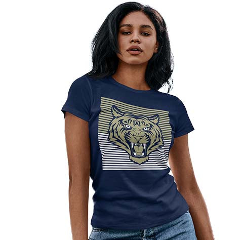 Woman wearing a Klein Collins High School Tigers Navy Women's T-shirts 27