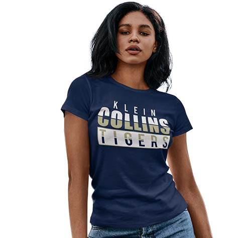 Woman wearing a Klein Collins High School Tigers Navy Women's T-shirts 31