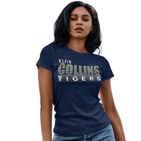 Woman wearing a Klein Collins High School Tigers Navy Women's T-shirts 32