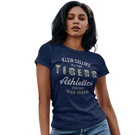 Woman wearing a Klein Collins High School Tigers Navy Women's T-shirts 34