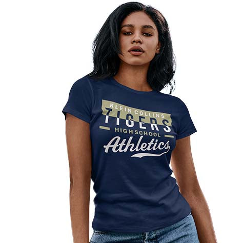 Woman wearing a Klein Collins High School Tigers Navy Women's T-shirts 48