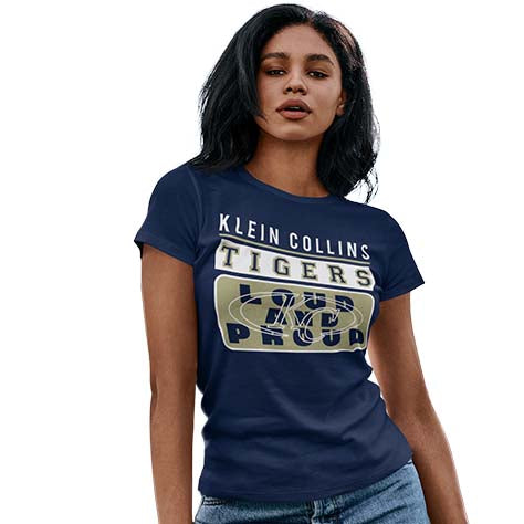 Woman wearing a Klein Collins High School Tigers Navy Women's T-shirt 86