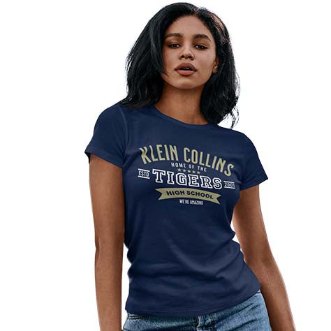 Woman wearing a Klein Collins High School Tigers Navy Women's T-shirt 96