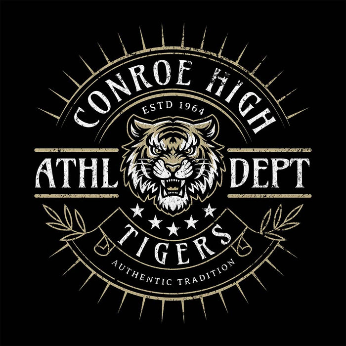 Close-up view of Conroe High School Tigers Black Classic Unisex Hoodie 201