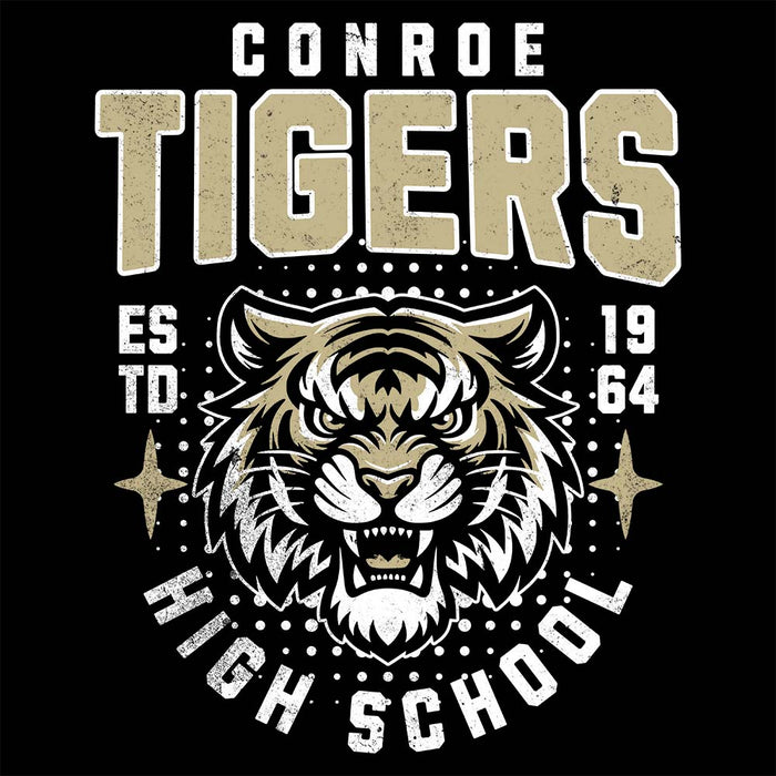 Close-up view of Conroe High School Tigers Unisex 3/4 sleeve Raglan T-shirt 204