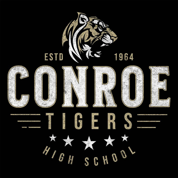 Close-up view of Conroe High School Tigers Unisex 3/4 sleeve Raglan T-shirt 217