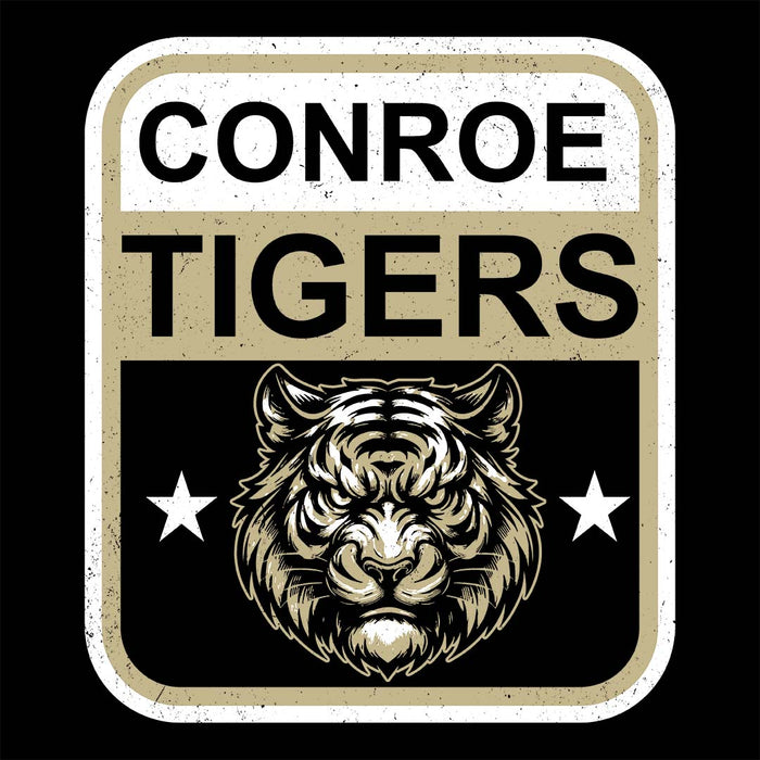 Close-up view of Conroe High School Tigers Women's Black T-shirt 001